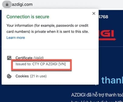 Thông tin chứng chỉ SSL dạng EV trên trình duyệt