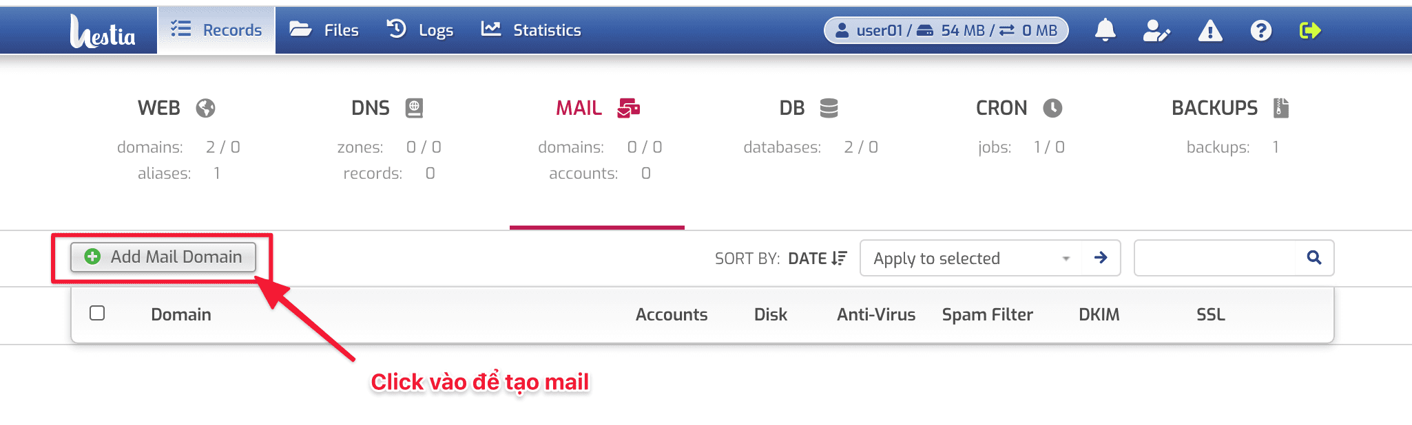 create an Email on HestiaCP
