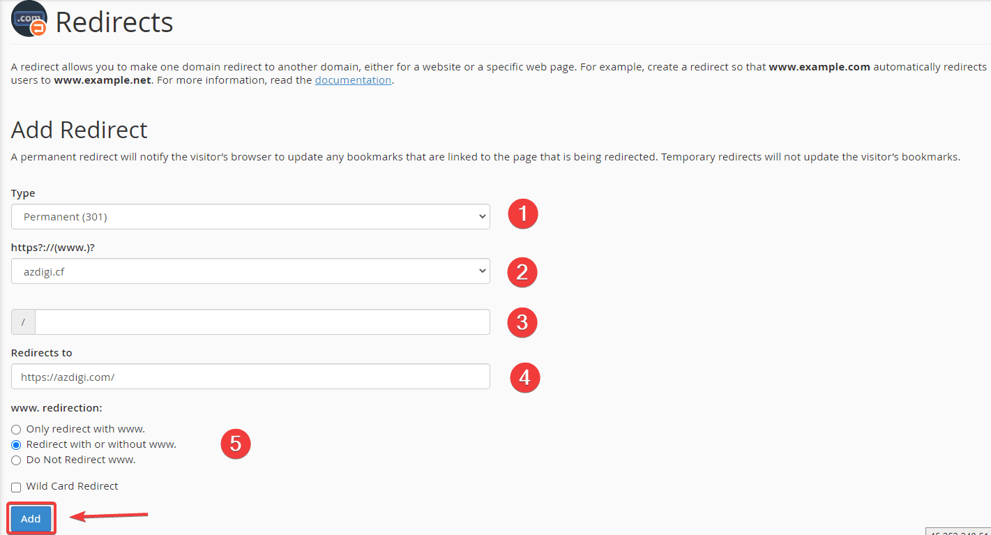 Use the Redirects feature on cPanel