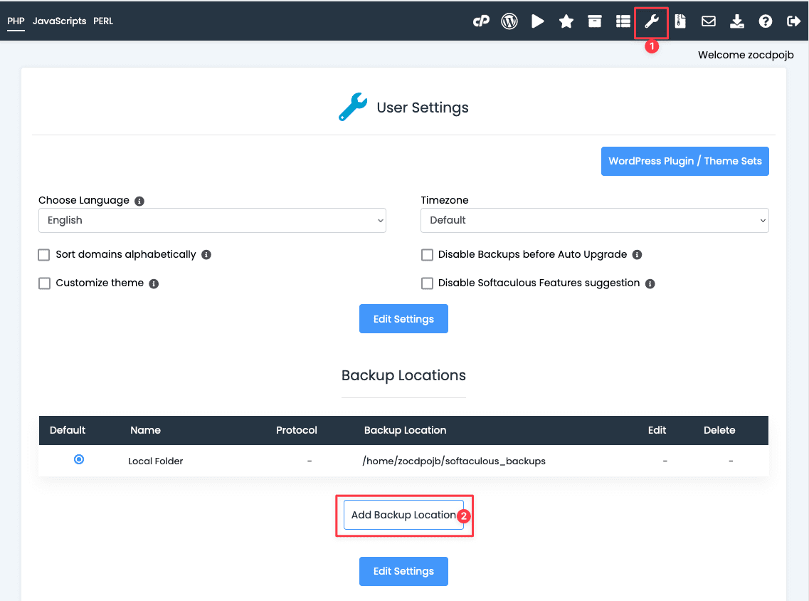 Backing up data to Google Drive through Softaculous