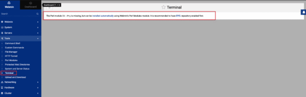 Xử lý lỗi The Perl module IO::Pty is missing không dùng được Terminal ở Webmin