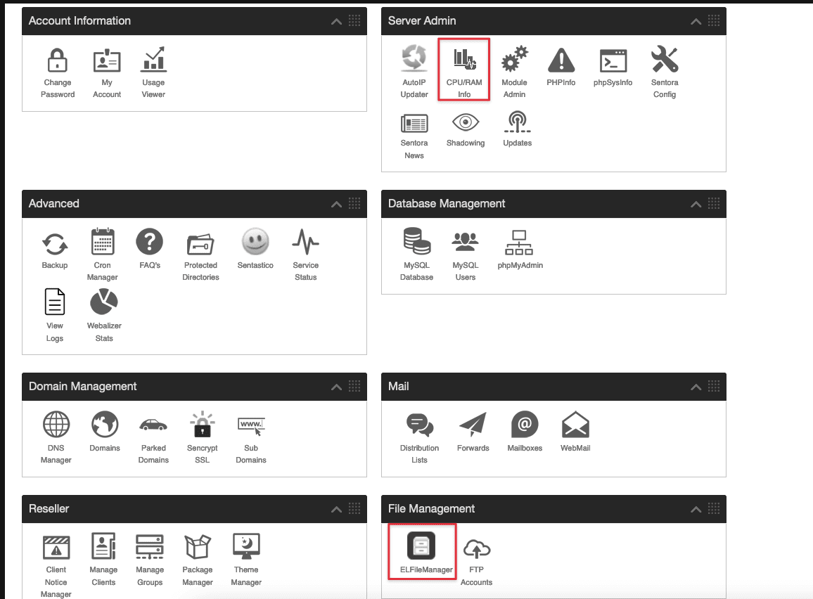 Hướng dẫn cài ELFileManager và  CPU & RAM info lên Sentora