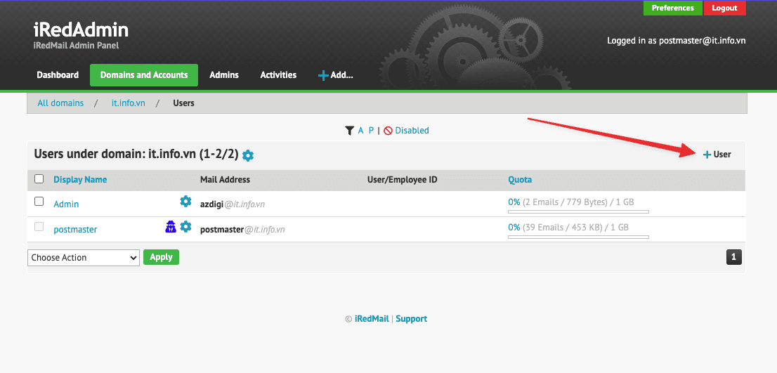 Hướng dẫn tạo tài khoản mail trên iRedMail và đăng nhập