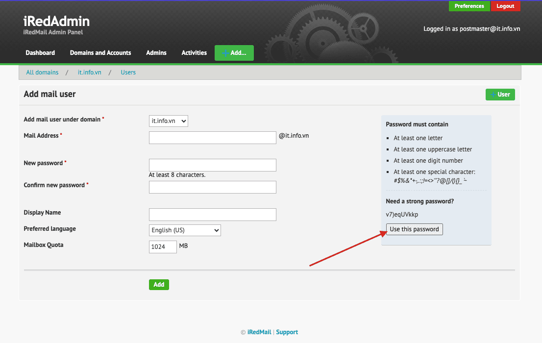 Hướng dẫn tạo tài khoản mail trên iRedMail và đăng nhập