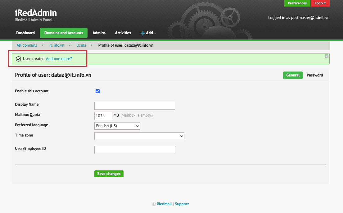 Hướng dẫn tạo tài khoản mail trên iRedMail và đăng nhập