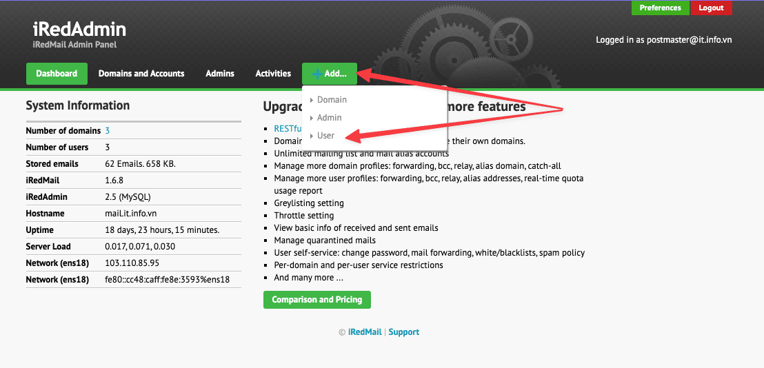 Hướng dẫn tạo tài khoản mail trên iRedMail và đăng nhập