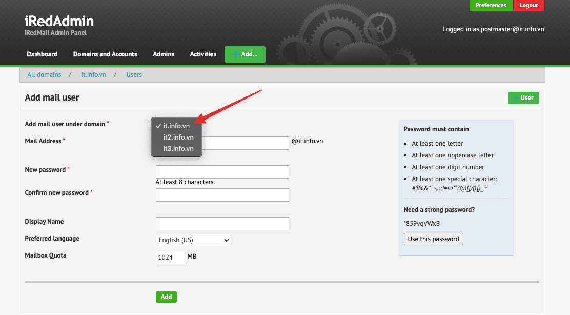 Hướng dẫn tạo tài khoản mail trên iRedMail và đăng nhập