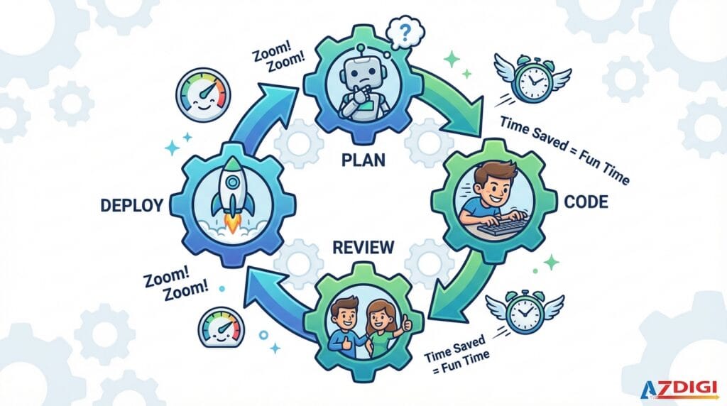 Workflow optimization illustration. Circular flow diagram showing: Plan → Code → Review → Deploy cycle. Efficiency icons (speedometer, clock) indicating optimization. Gear mechanisms working together. Modern business process style. Gradient blues and greens indicating productivity/growth. Professional infographic aesthetic. 16:9 aspect ratio.