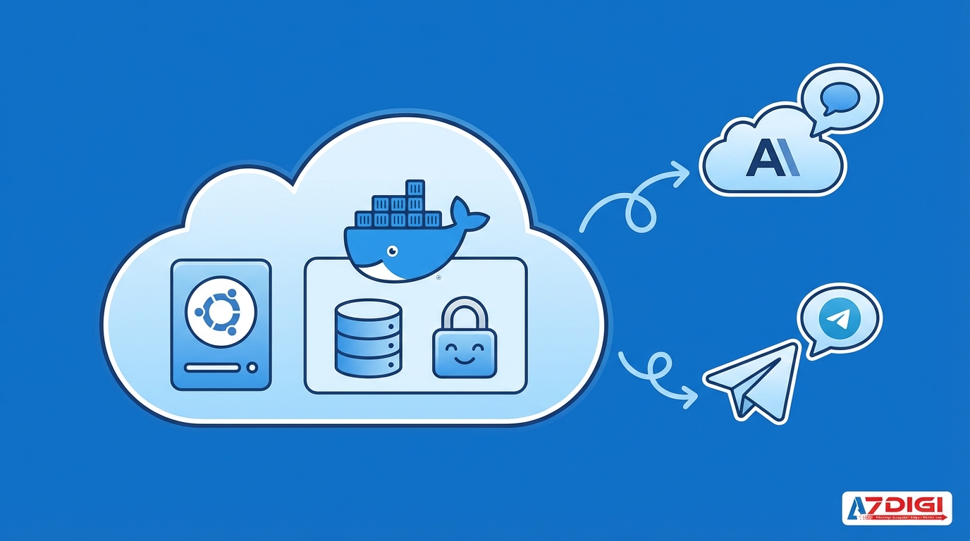 A technical architecture diagram showing VPS deployment: A cloud server icon in the center with Docker container inside, connected to external services (Claude API, Telegram). Include icons for: Ubuntu server, Docker whale logo, database cylinder, secure lock. Clean infographic style with blue color scheme. Professional, minimal, no text labels. 16:9 aspect ratio.