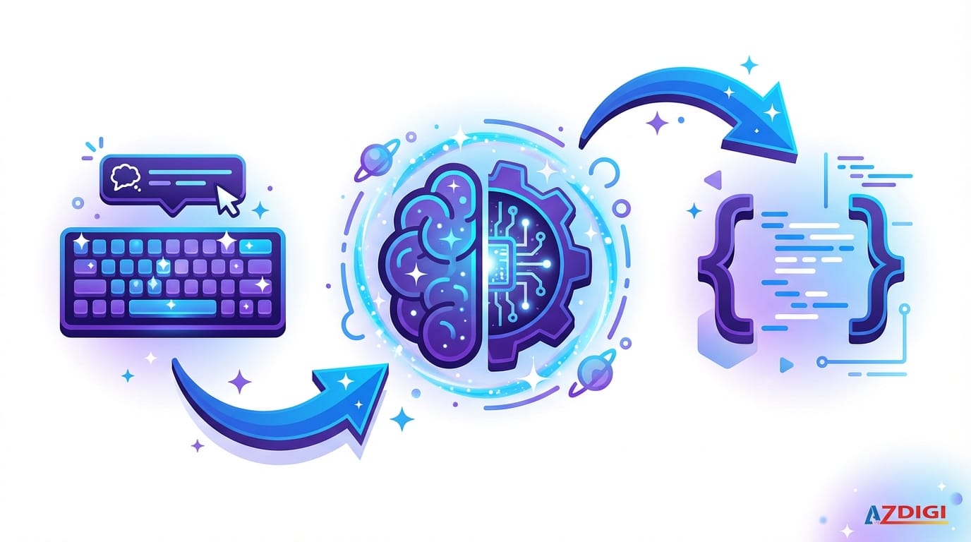 Infographic-style illustration showing Claude Code workflow. Three connected stages: 1) Developer typing prompt (keyboard icon), 2) AI processing (brain/gear icon with sparkles), 3) Code output (code brackets icon). Arrows connecting each stage. Modern flat design with subtle 3D elements. Color palette: deep purple, electric blue, white accents. Clean tech aesthetic. No text labels. 16:9 aspect ratio.