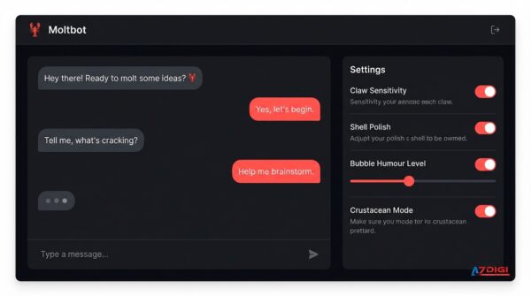 A clean, modern web dashboard interface for an AI assistant called "Moltbot". The interface shows a chat window on the left side with conversation bubbles, a settings panel on the right with toggle switches and configuration options. Dark mode UI with Clawdbot color (#ff4d4d) accent colors. Professional tech startup aesthetic. Include subtle lobster icon (🦞) as the app logo. No text visible except for placeholder UI elements. 16:9 aspect ratio, high quality render.