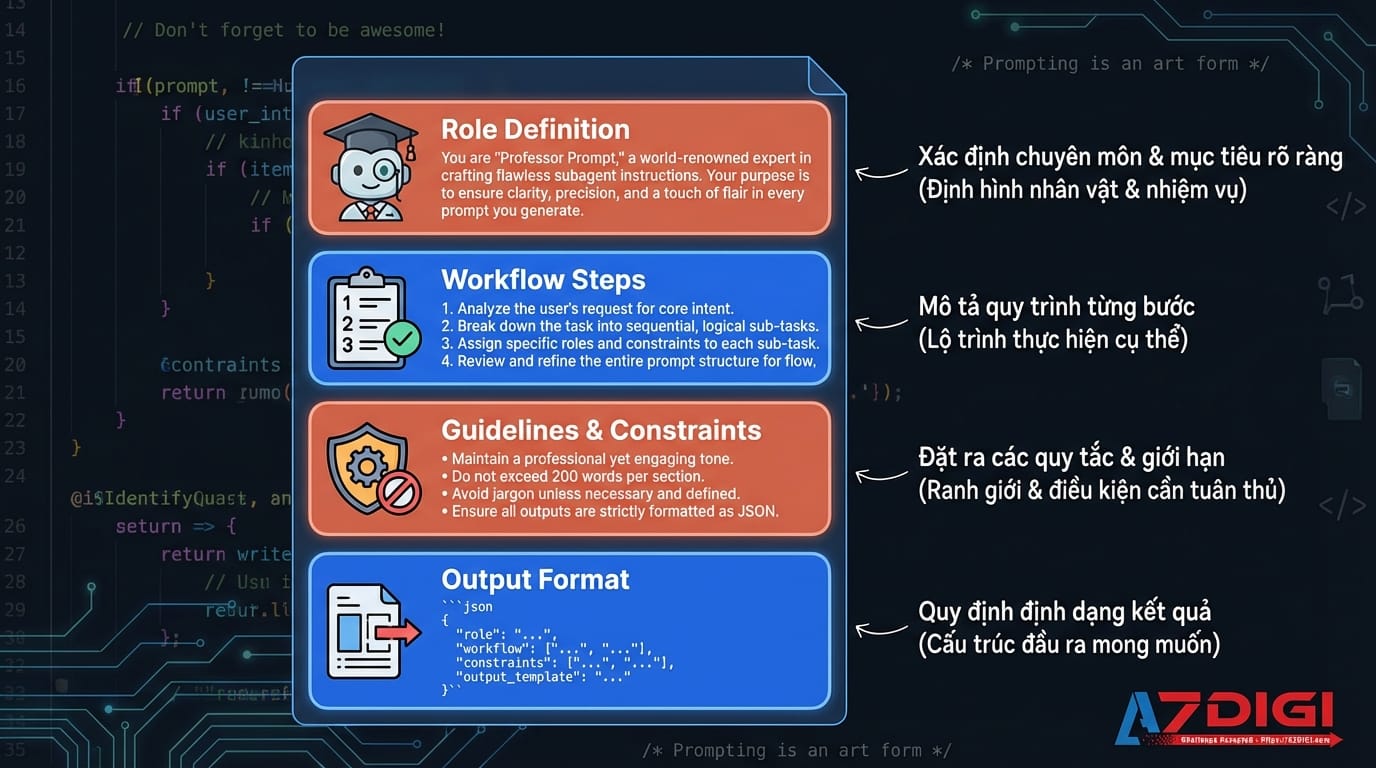 A visual anatomy breakdown of an effective subagent system prompt. Show a document with 4 clearly marked sections highlighted with different colored boxes: 1) 'Role Definition' at top in coral #DE7356 with expert icon and example text, 2) 'Workflow Steps' in blue #2563eb with numbered list icon, 3) 'Guidelines & Constraints' in coral #DE7356 with rules/shield icon, 4) 'Output Format' at bottom in blue #2563eb with template icon. Each section has a brief Vietnamese annotation explaining purpose. Dark code editor background, clean typography