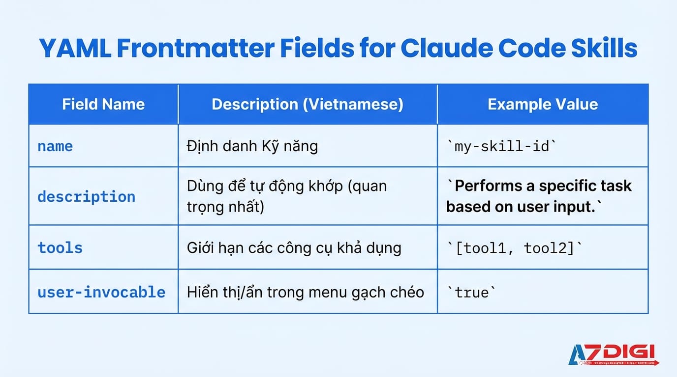 Các field cần biết khi sử dụng Agent Skill trong Claude Code
