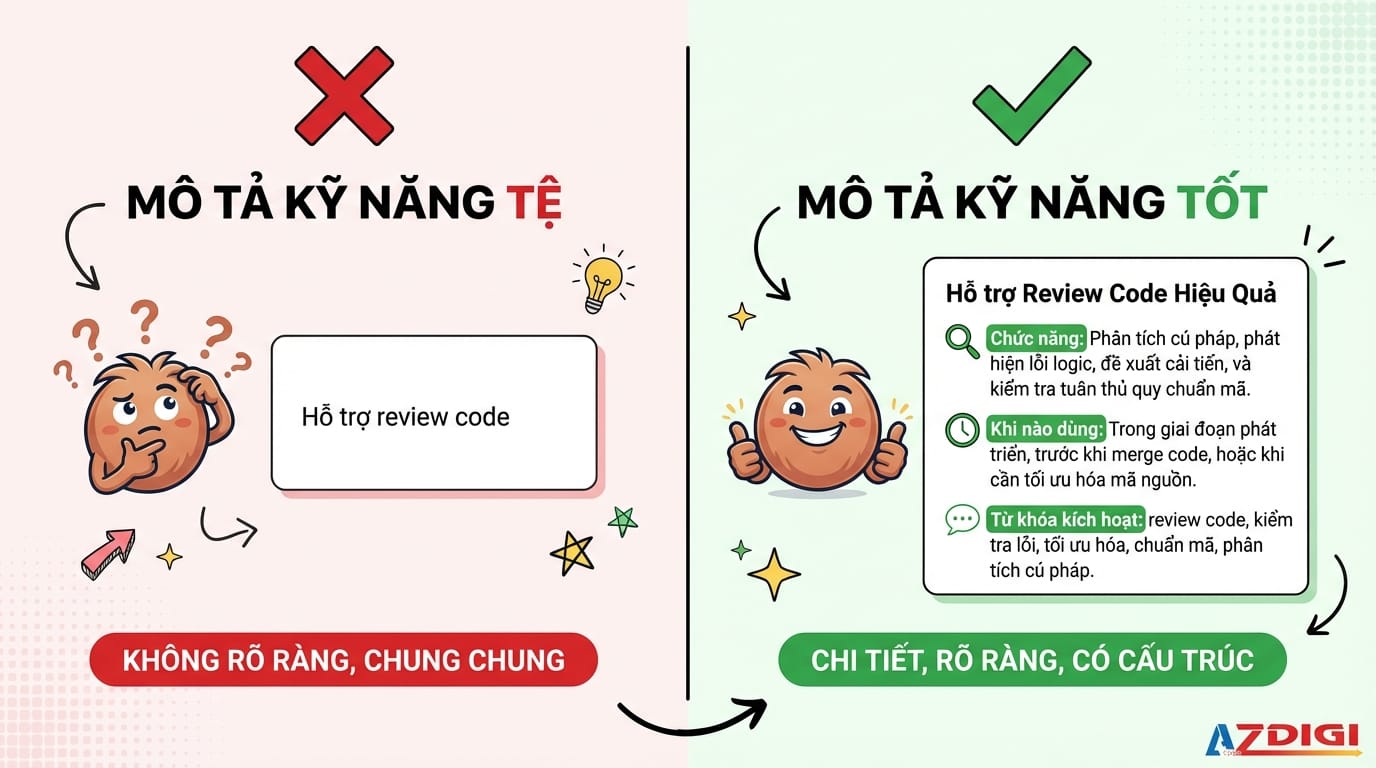 Một bản mô tả (description) tốt sẽ giúp skill được kích hoạt đúng thời điểm mong muốn.