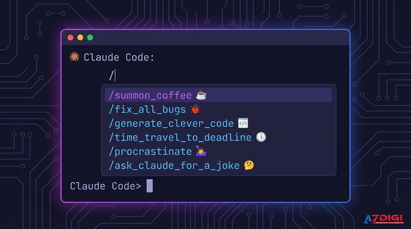 A clean, modern illustration showing a developer's terminal with Claude Code interface. The terminal displays a slash command menu with several options visible. Use a dark theme with purple and blue accent colors. Minimalist tech style, no text overlay needed.