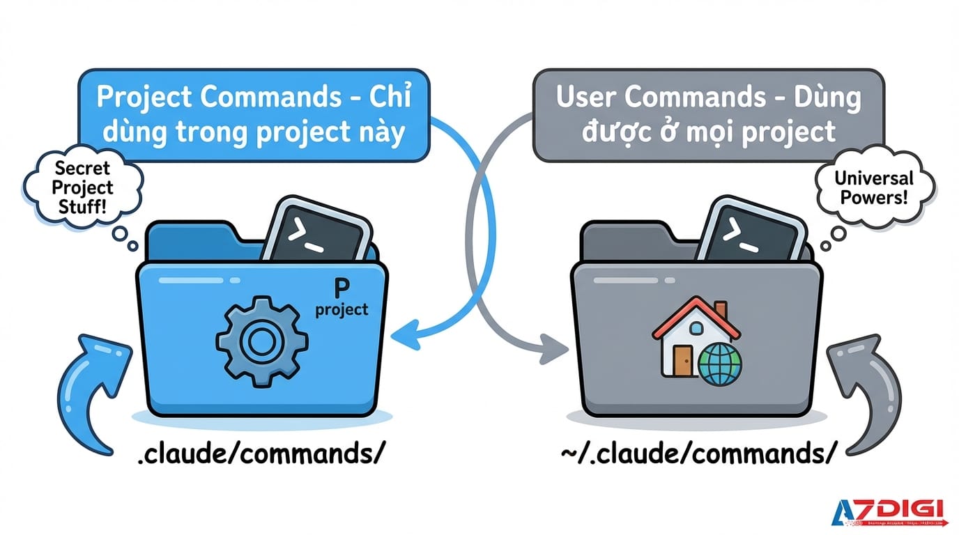A simple diagram showing two folder locations for Claude Code commands. On the left side, show a project folder icon with path '.claude/commands/' labeled 'Project Commands - Chỉ dùng trong project này'. On the right side, show a home folder icon with path '~/.claude/commands/' labeled 'User Commands - Dùng được ở mọi project'. Use clean icons, arrows, and minimal colors (blue and gray). White background, Vietnamese labels.