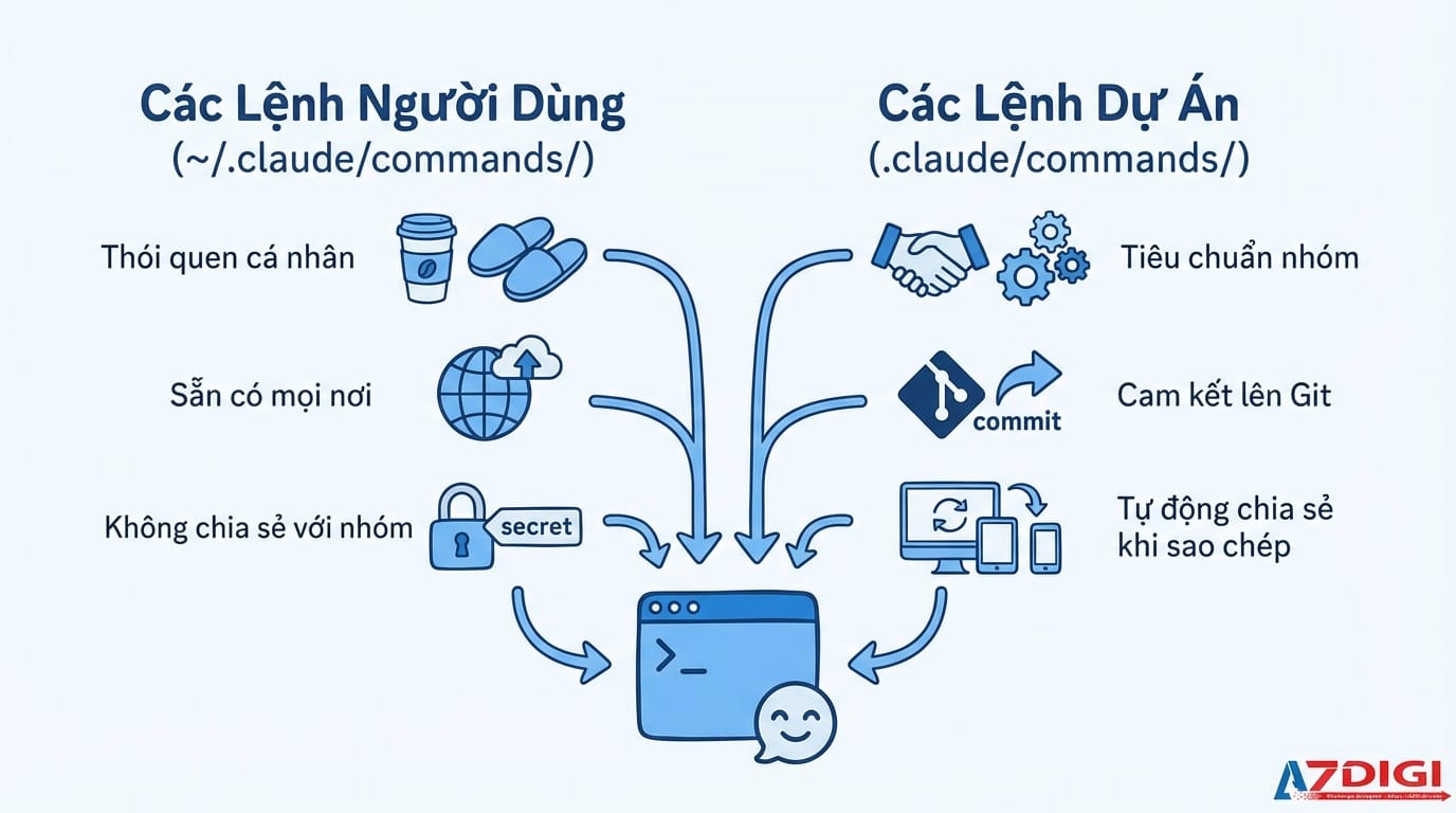 A workflow diagram showing two parallel tracks. Left track labeled 'User Commands (~/.claude/commands/)' shows: Personal habits → Available everywhere → Not shared with team. Right track labeled 'Project Commands (.claude/commands/)' shows: Team standards → Committed to Git → Auto-shared when clone. Both tracks converge to a Claude Code terminal icon at the bottom. Use simple icons and arrows, blue color scheme, clean white background, Vietnamese text labels