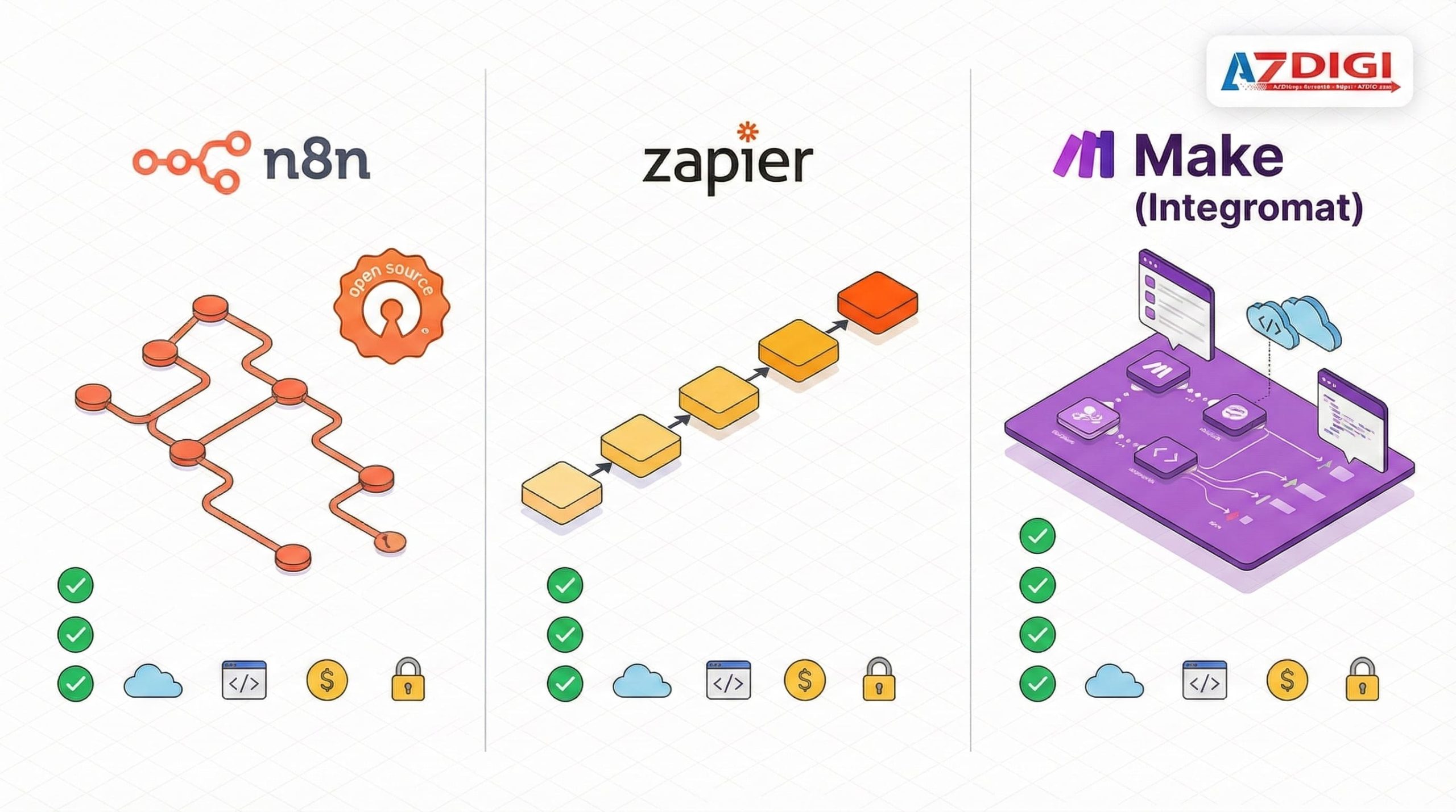 so sánh n8n với Zapier và Make