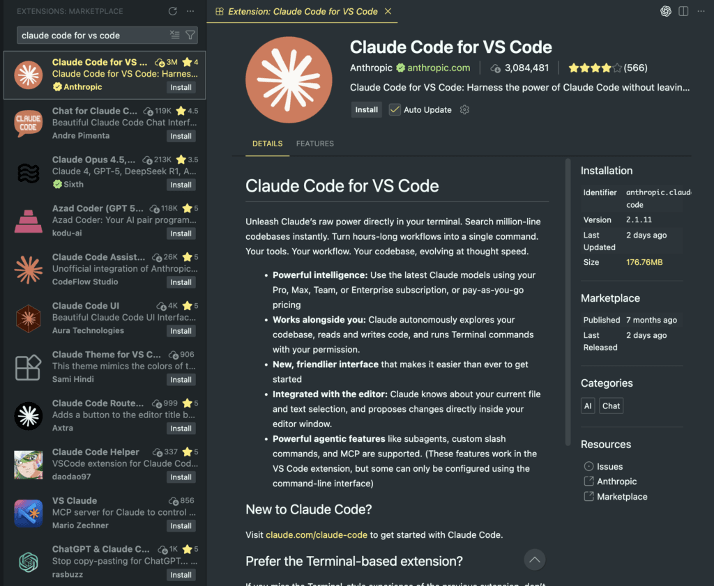 Cài đặt Claude Code for VS Code extensions