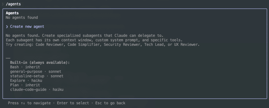 Giao diện tạo subagent với lệnh /agents