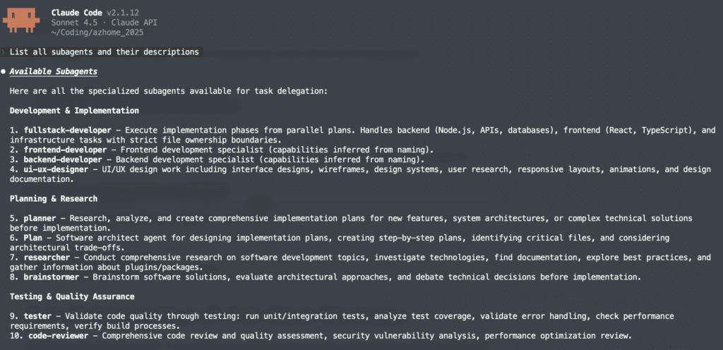 Kiểm tra các subagents đang hoạt động trong dự án của bạn