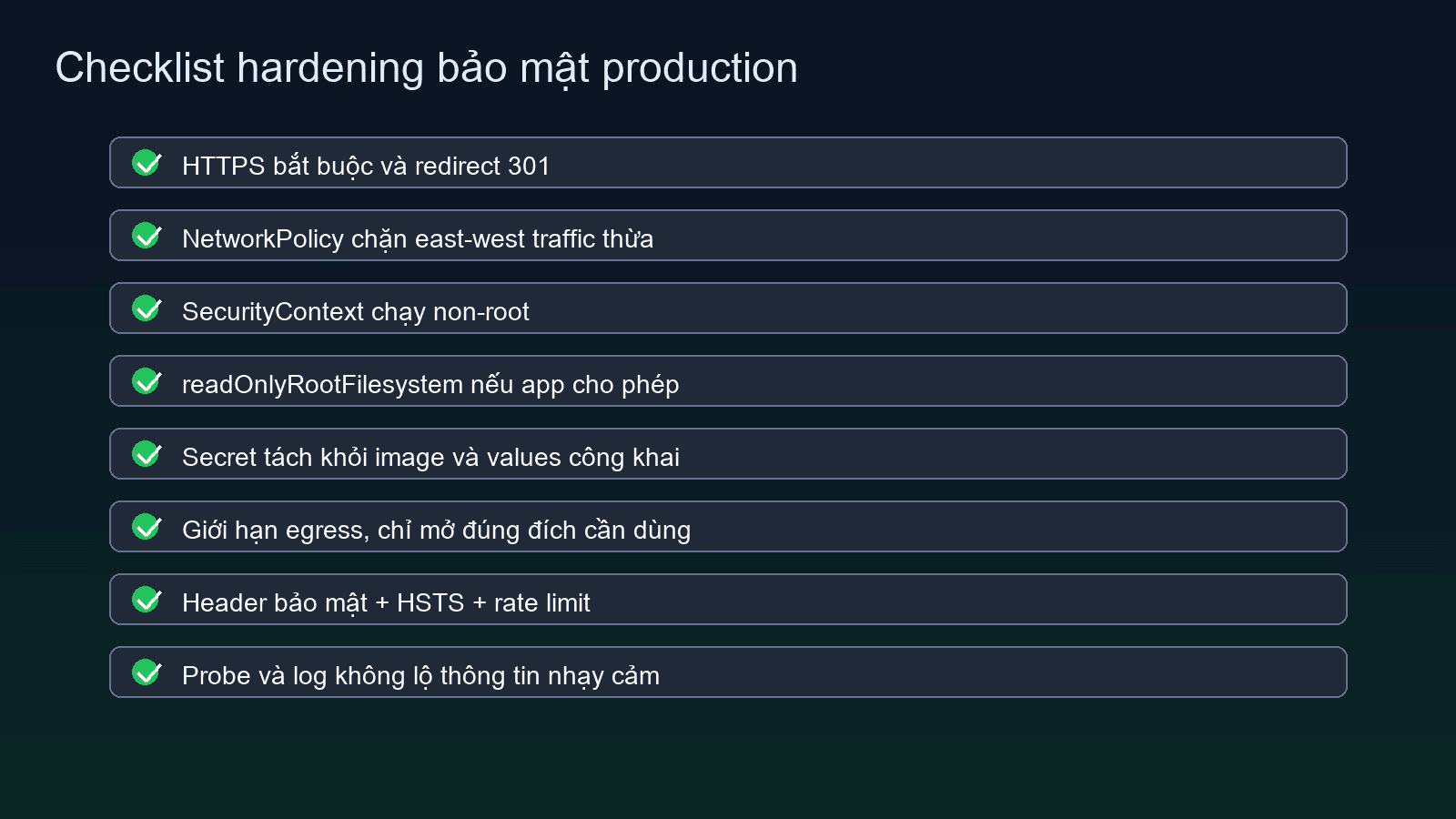 Checklist hardening bảo mật production Kubernetes