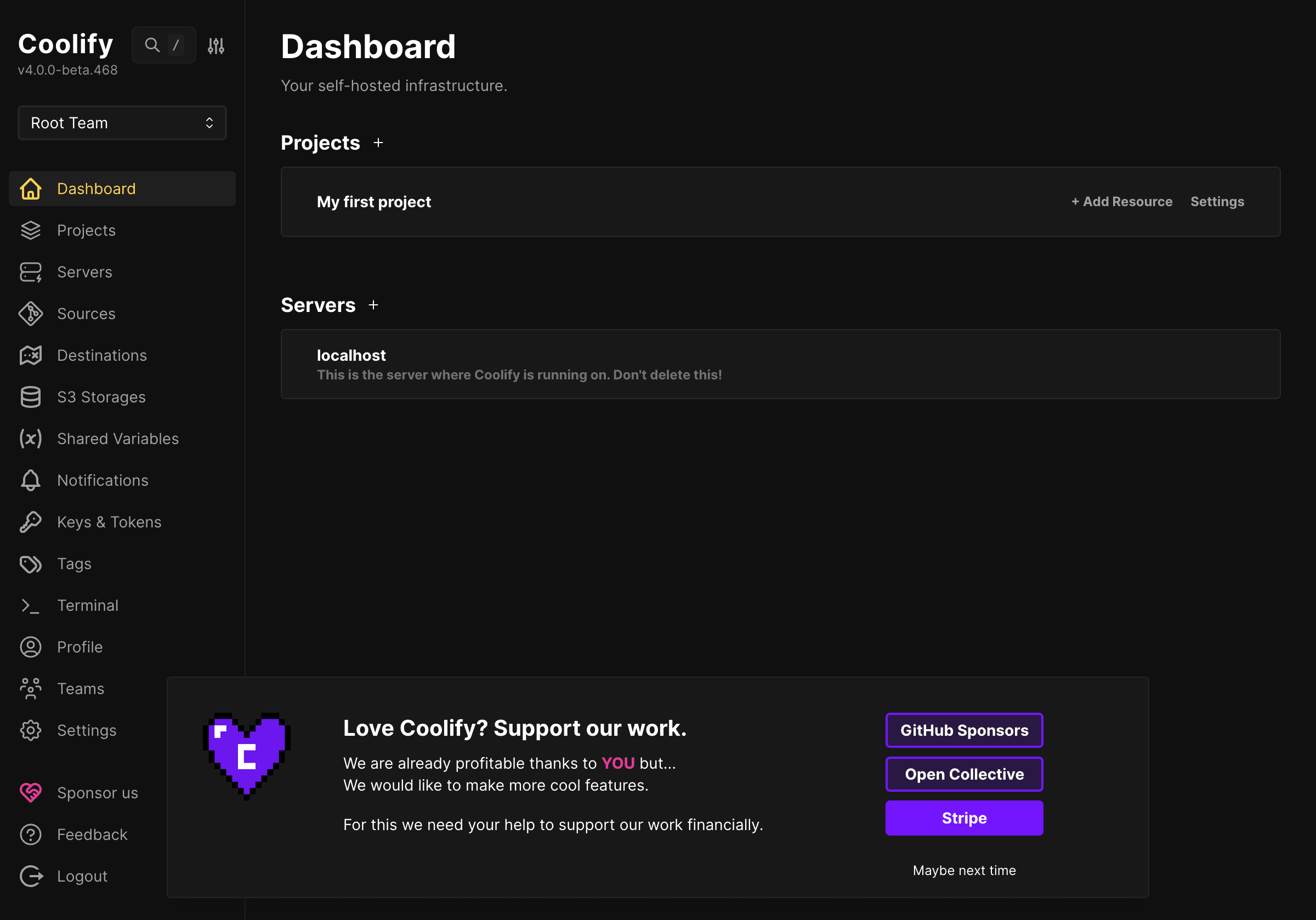Dashboard Coolify trước khi tạo resource mới