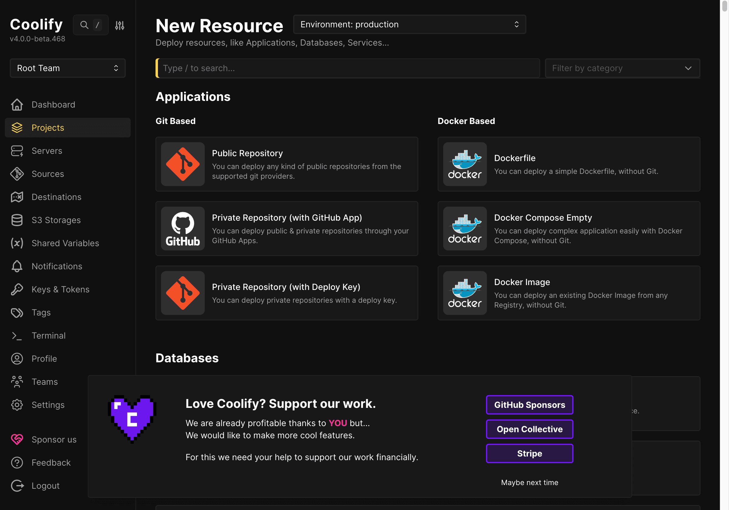 Nút thêm resource mới trên Coolify
