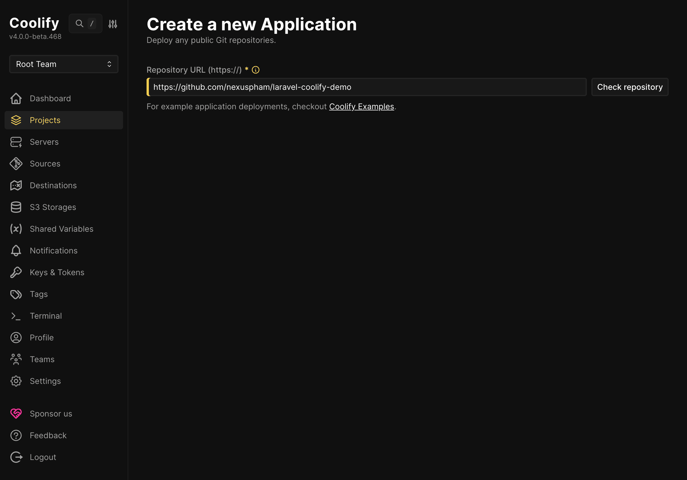 Thông tin GitHub repository đã được điền trên Coolify
