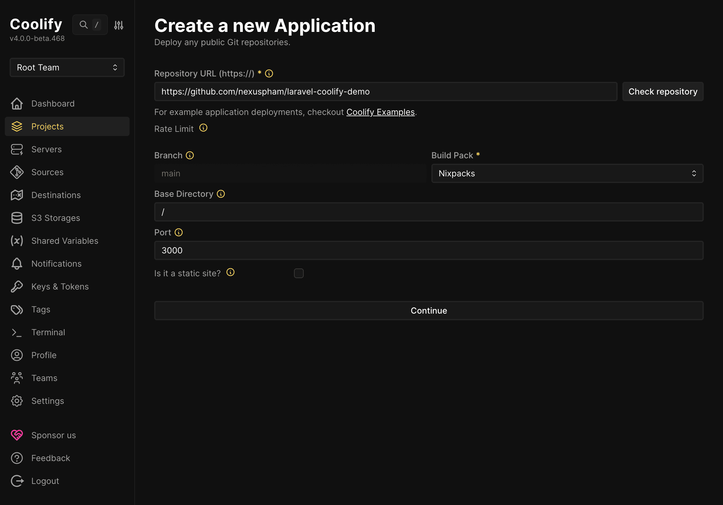 Coolify kiểm tra repository thành công