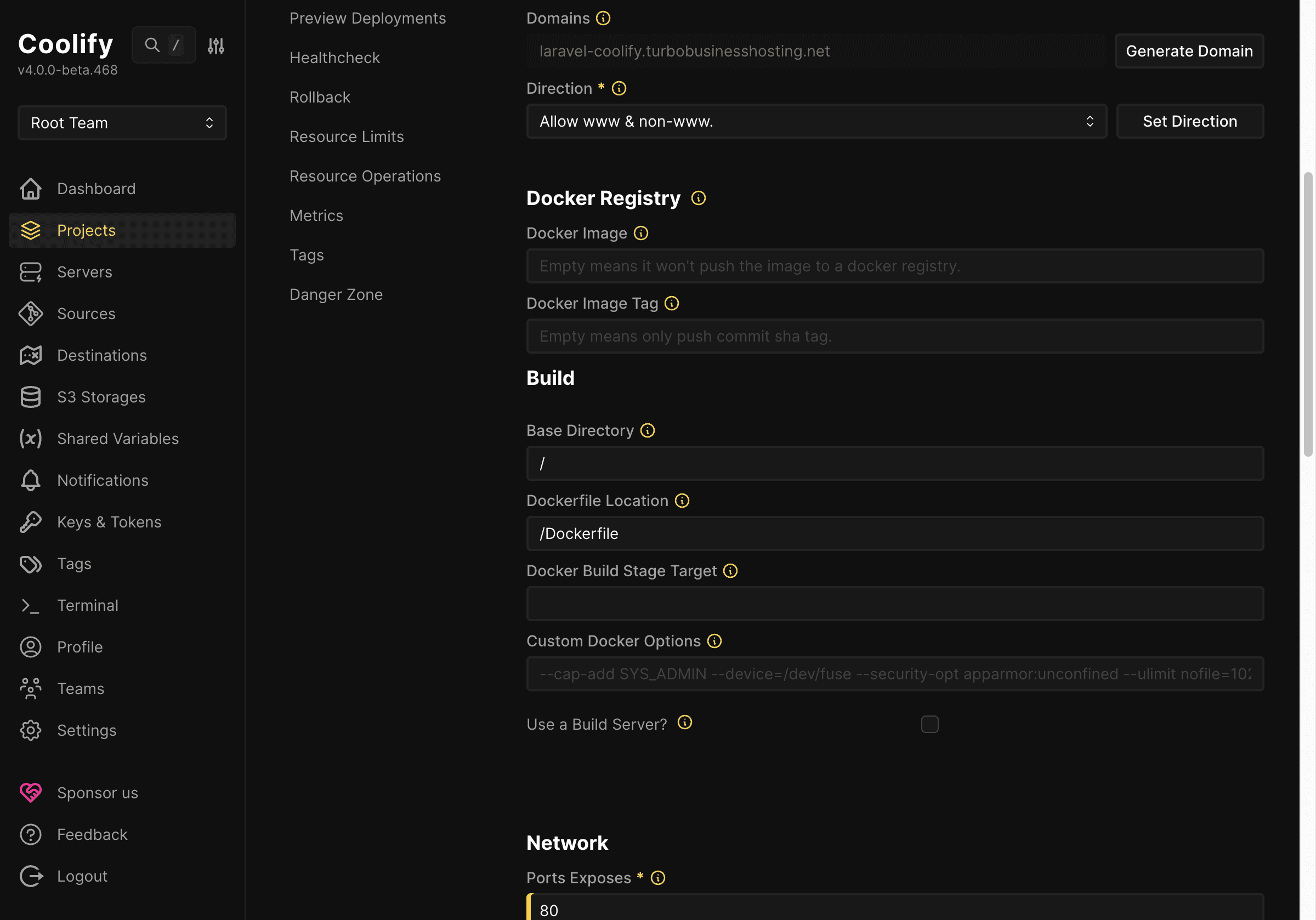 Cấu hình application trước khi lưu trên Coolify