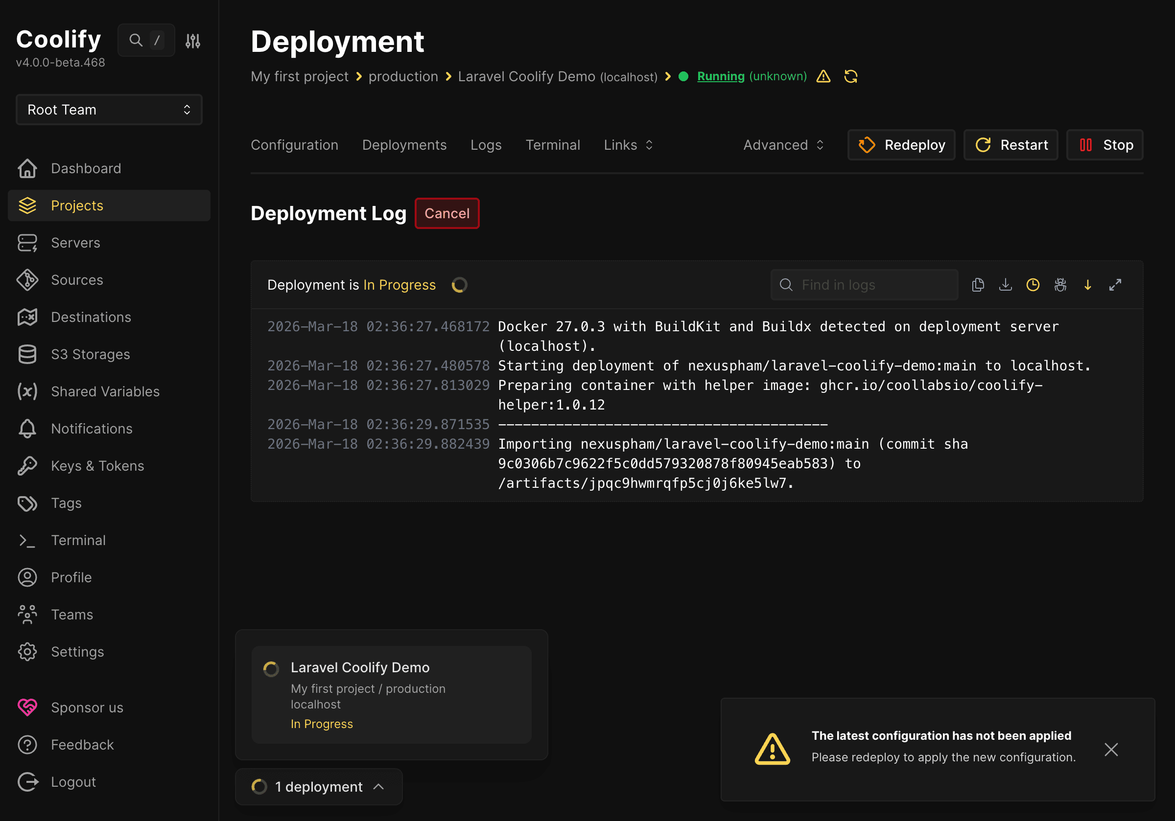 Thao tác redeploy ứng dụng Laravel trên Coolify