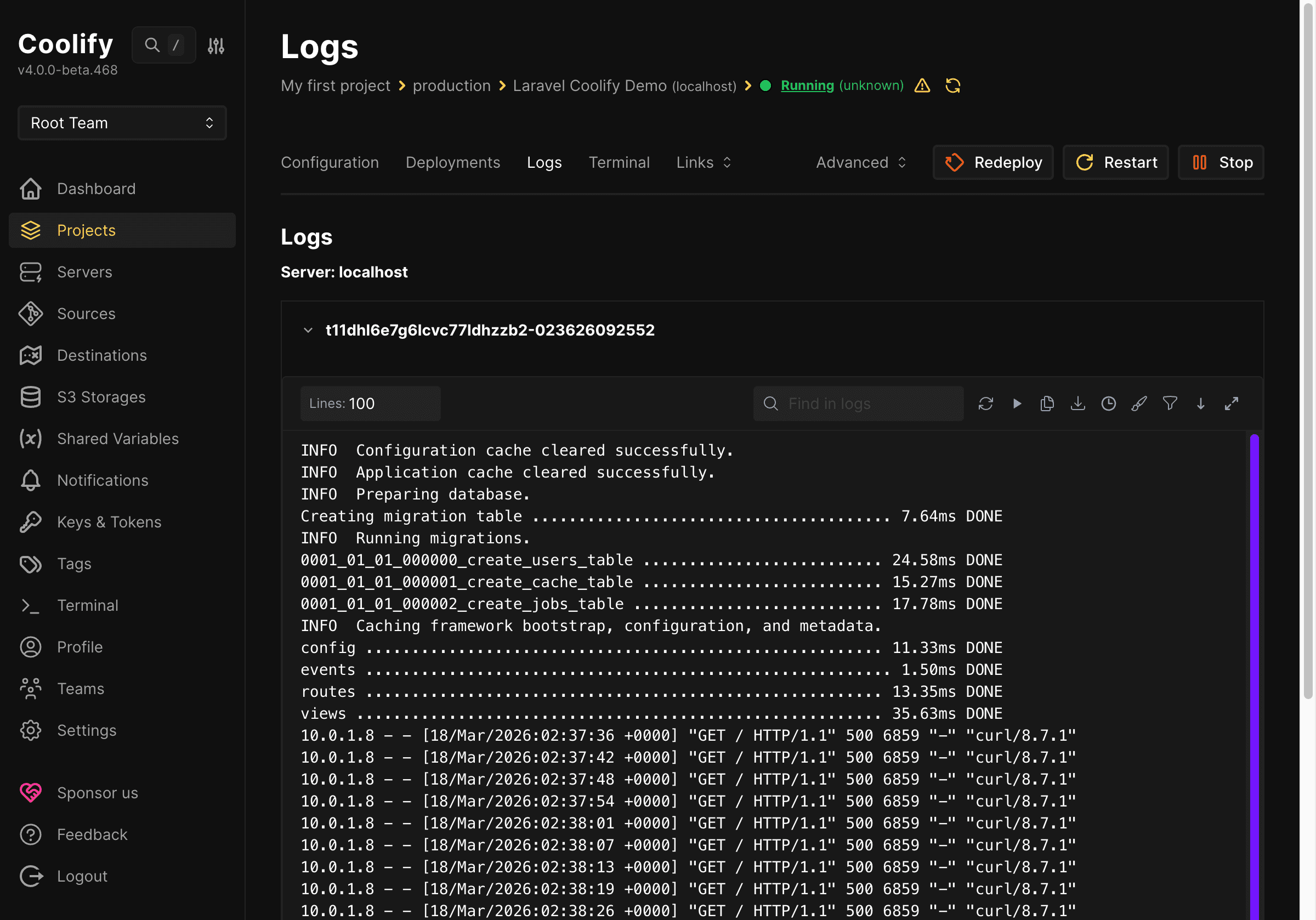 Tab logs dùng để kiểm tra lỗi build và runtime trên Coolify
