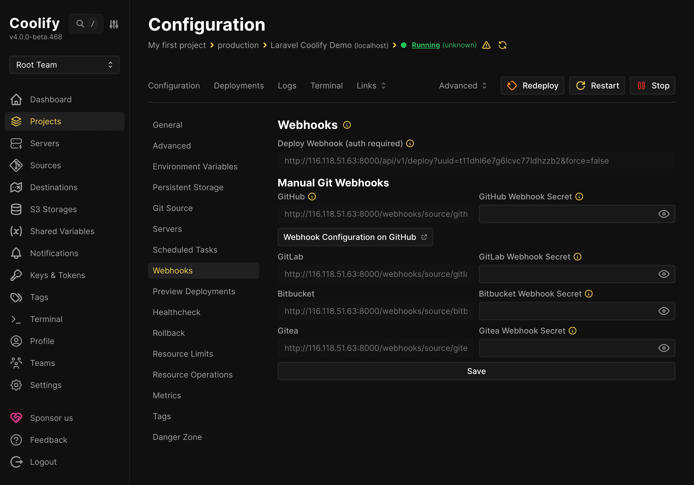 Tab webhook của application trên Coolify