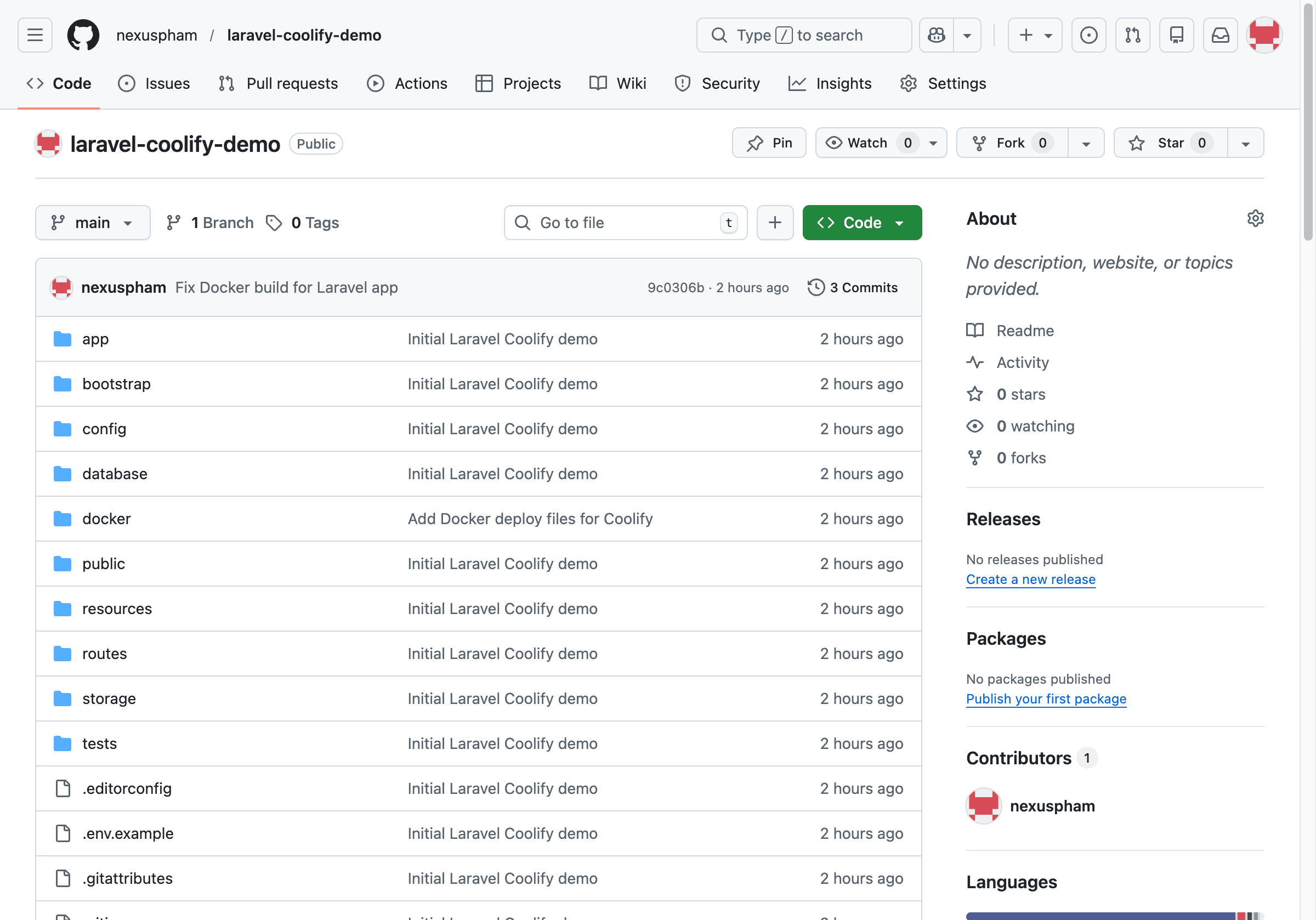 GitHub repository của dự án Laravel Coolify Demo