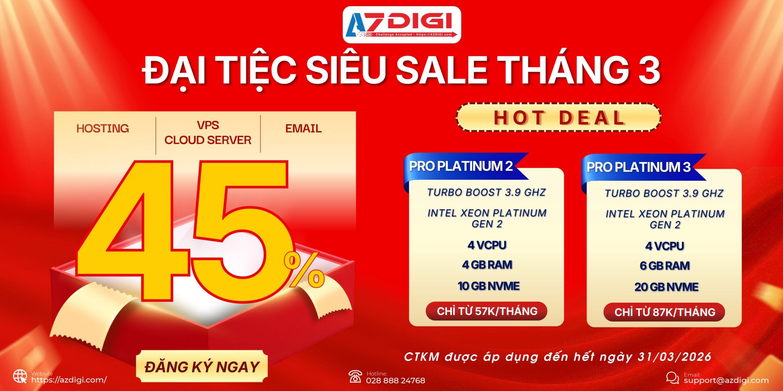 Siêu Sale Tháng 3: Giảm đến 45% cho Hosting, Email Hosting và VPS