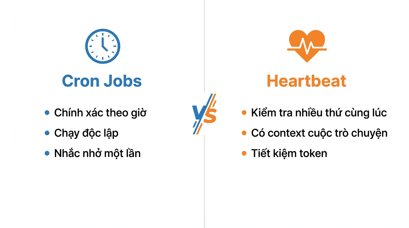 So sánh Cron Jobs và Heartbeat trong OpenClaw