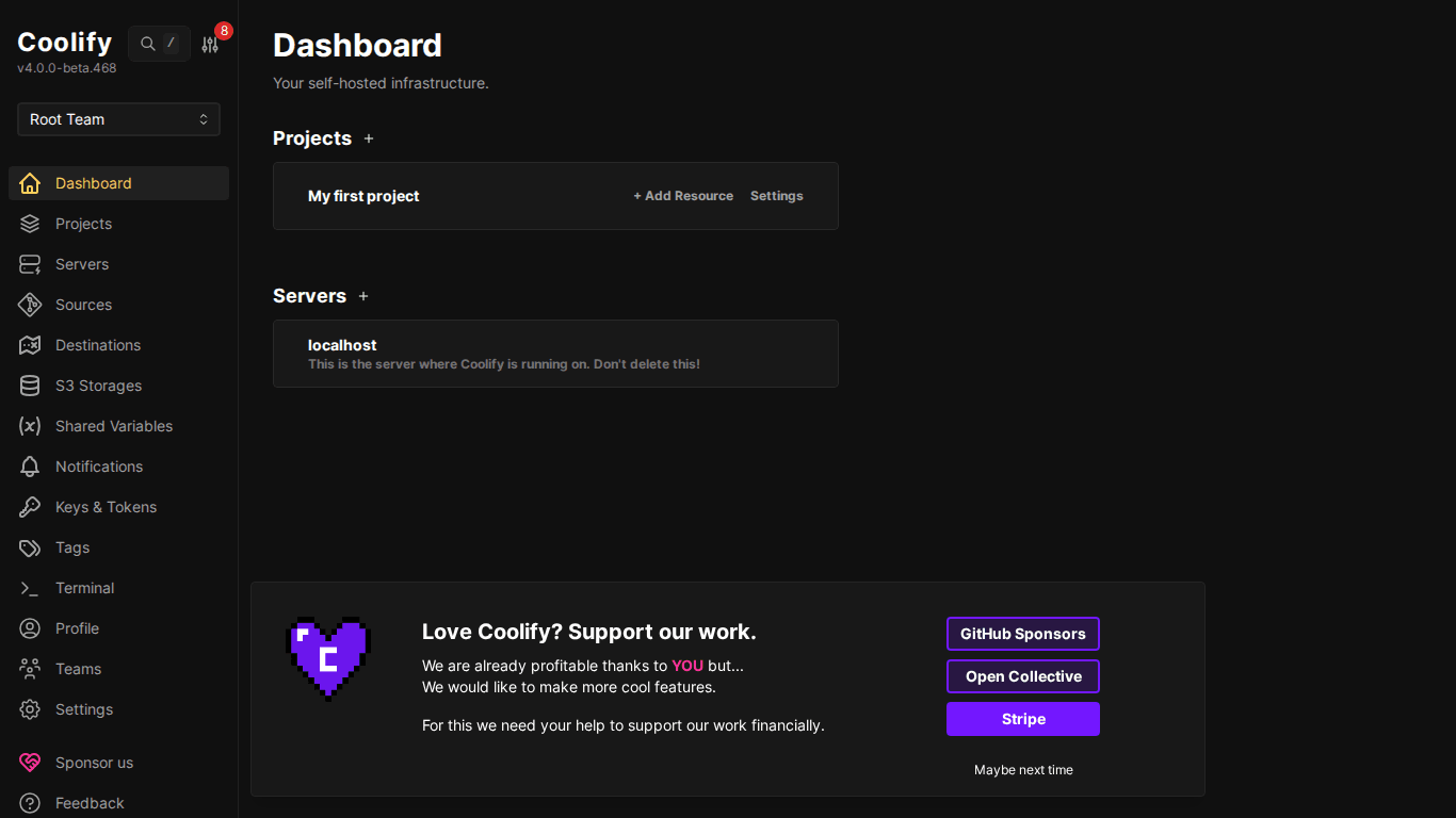 Dashboard chính của Coolify