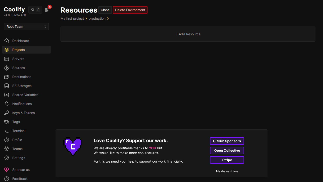 Environment Production trống trên Coolify