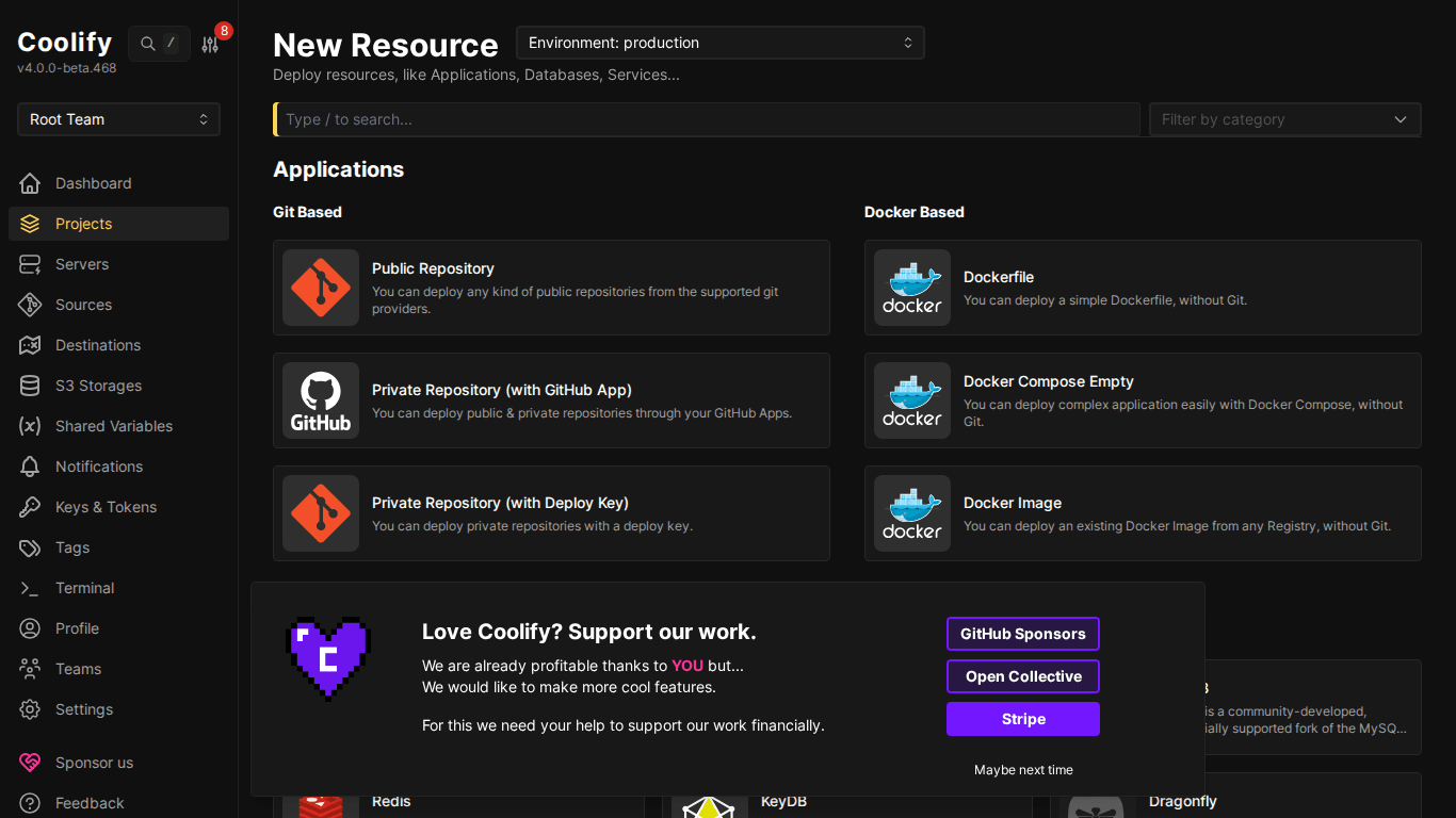 Trang thêm resource mới trên Coolify