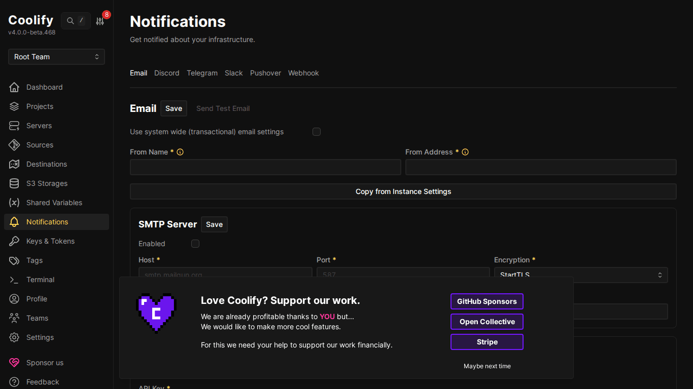 Cấu hình Notifications trên Coolify