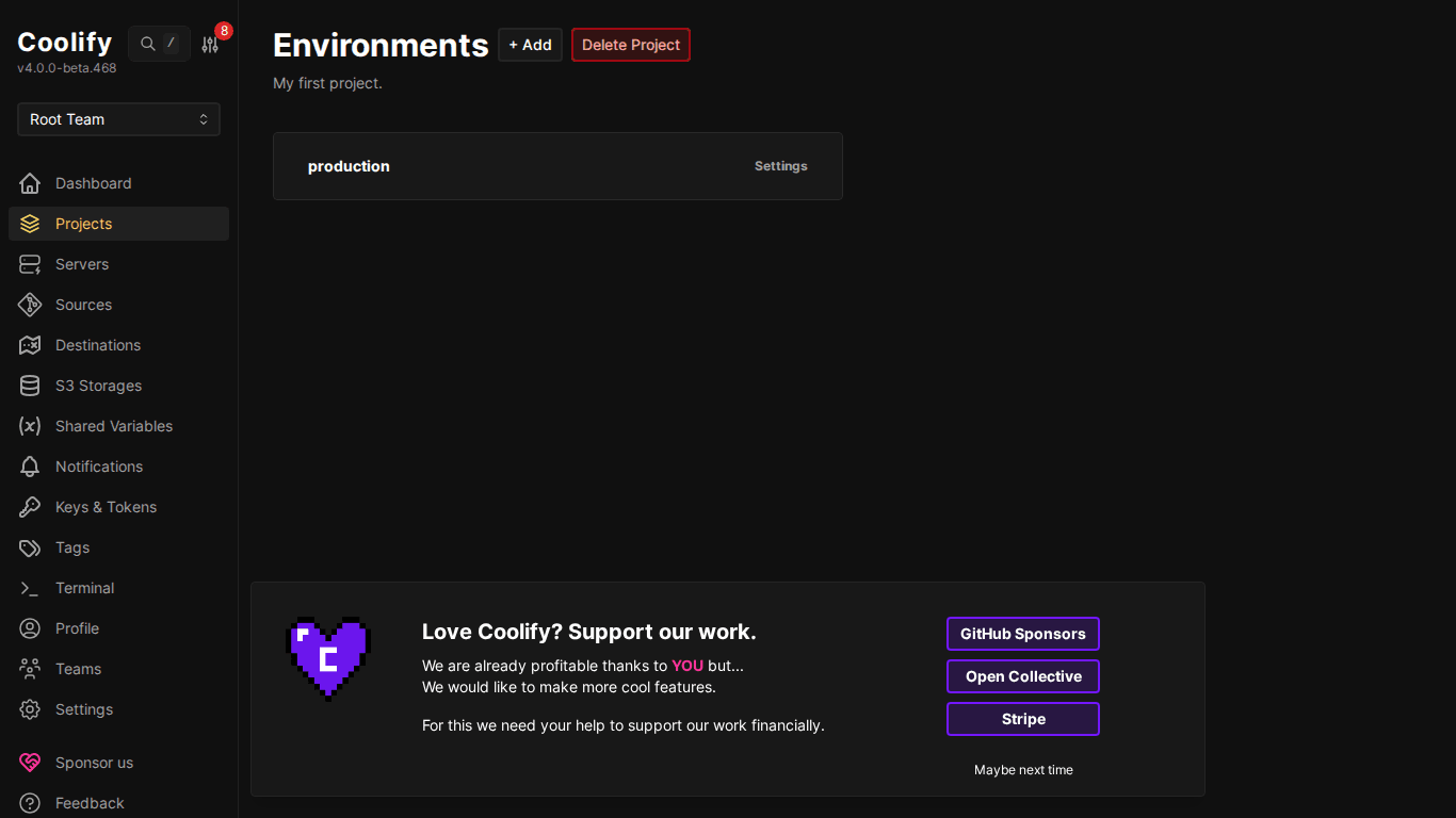 Project và Environments trên Coolify