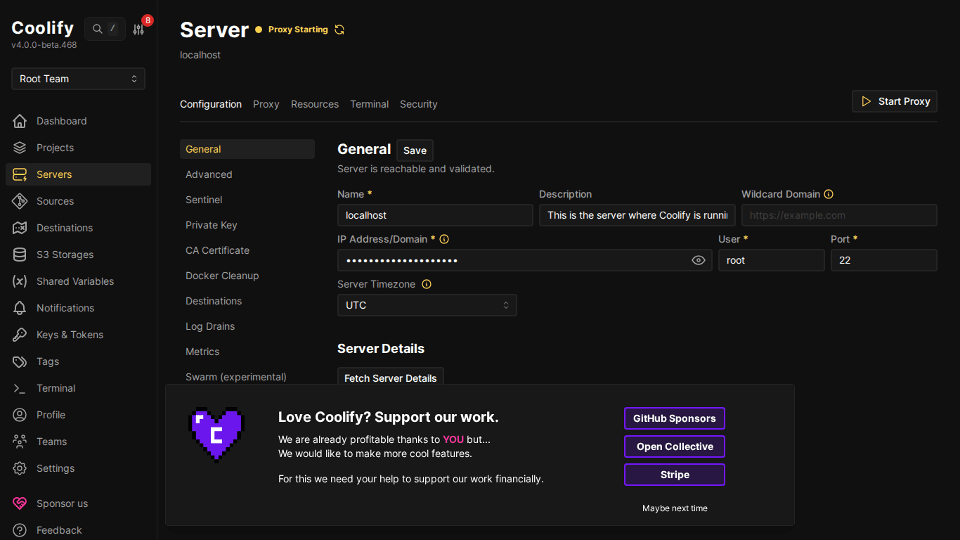 Chi tiết server localhost trên Coolify