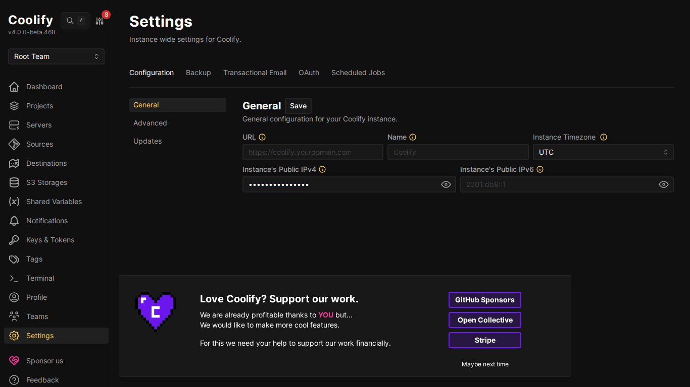 Trang Settings của Coolify
