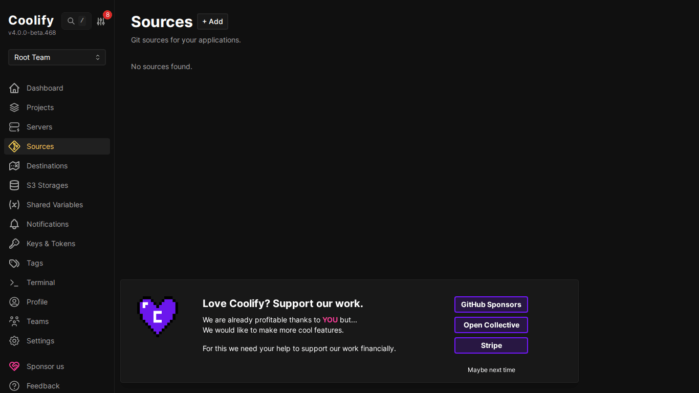 Sources - kết nối GitHub/GitLab trên Coolify