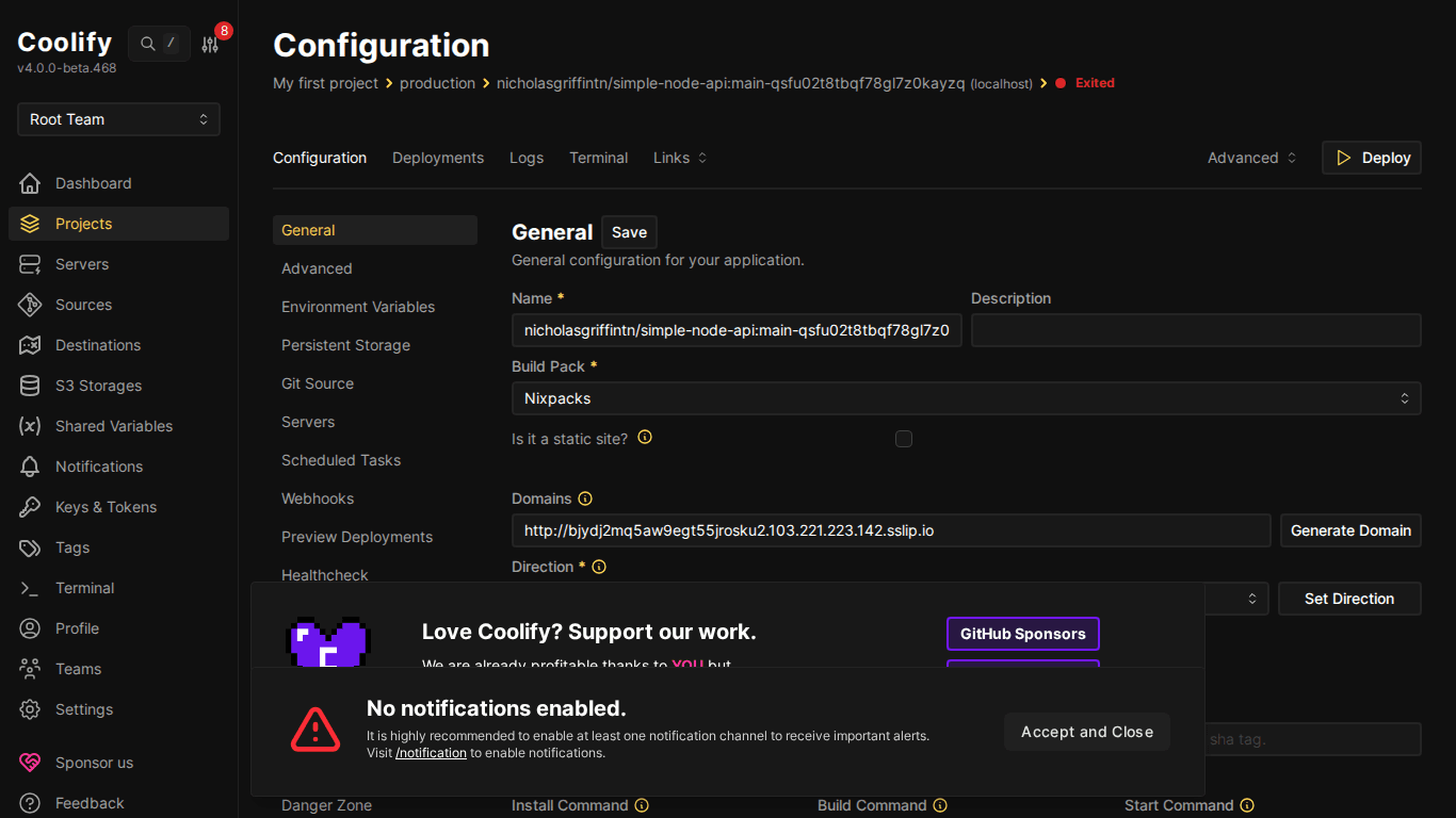 Trang cấu hình ứng dụng Node.js trên Coolify