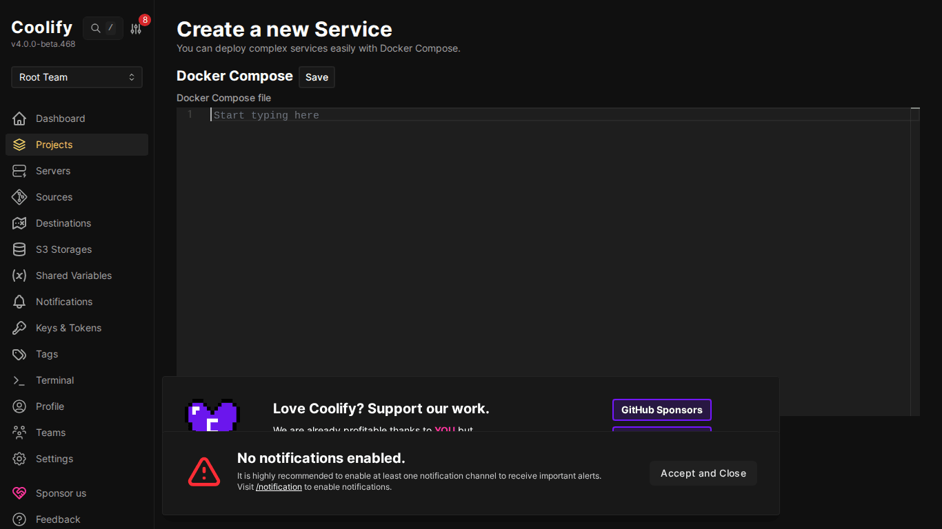 Docker Compose editor trên Coolify