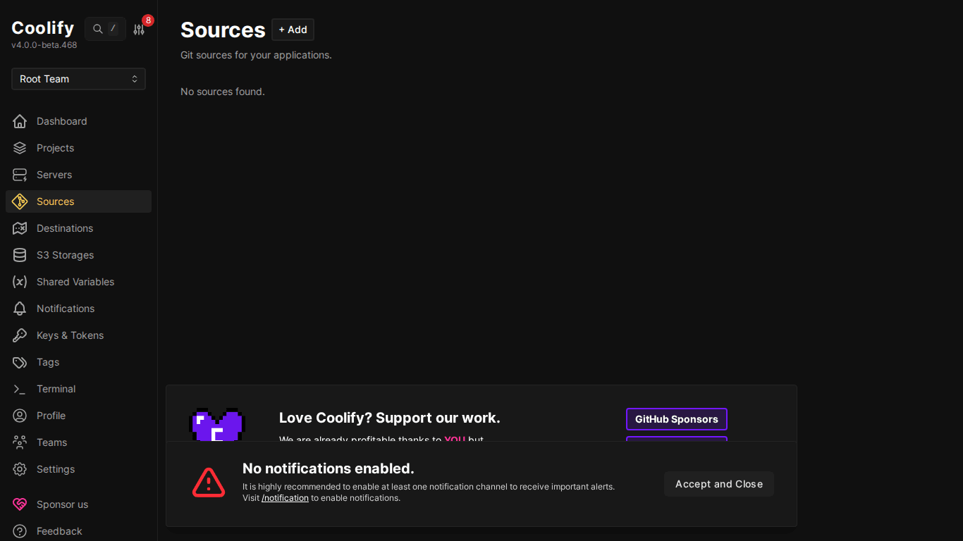 Trang Sources trên Coolify