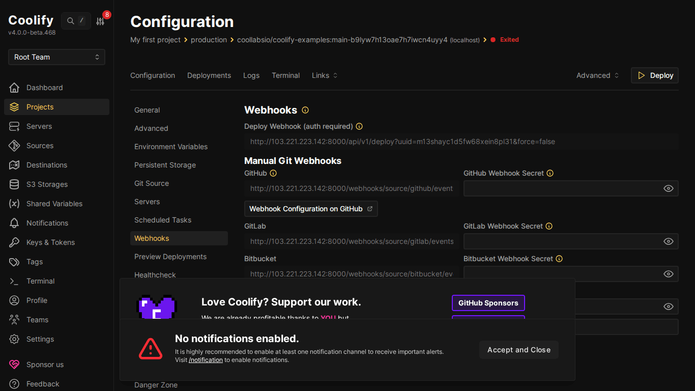 Webhooks configuration trên Coolify