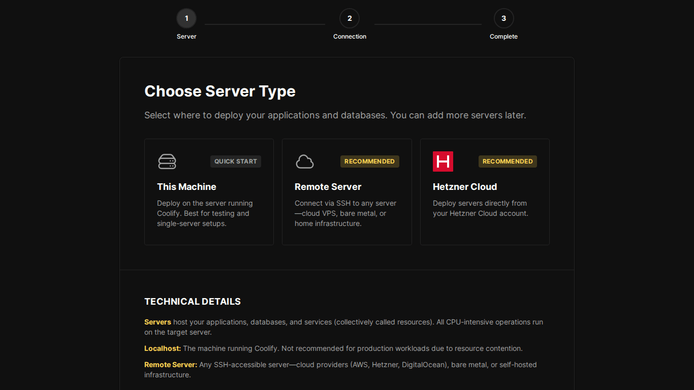 Chọn loại server trong onboarding Coolify